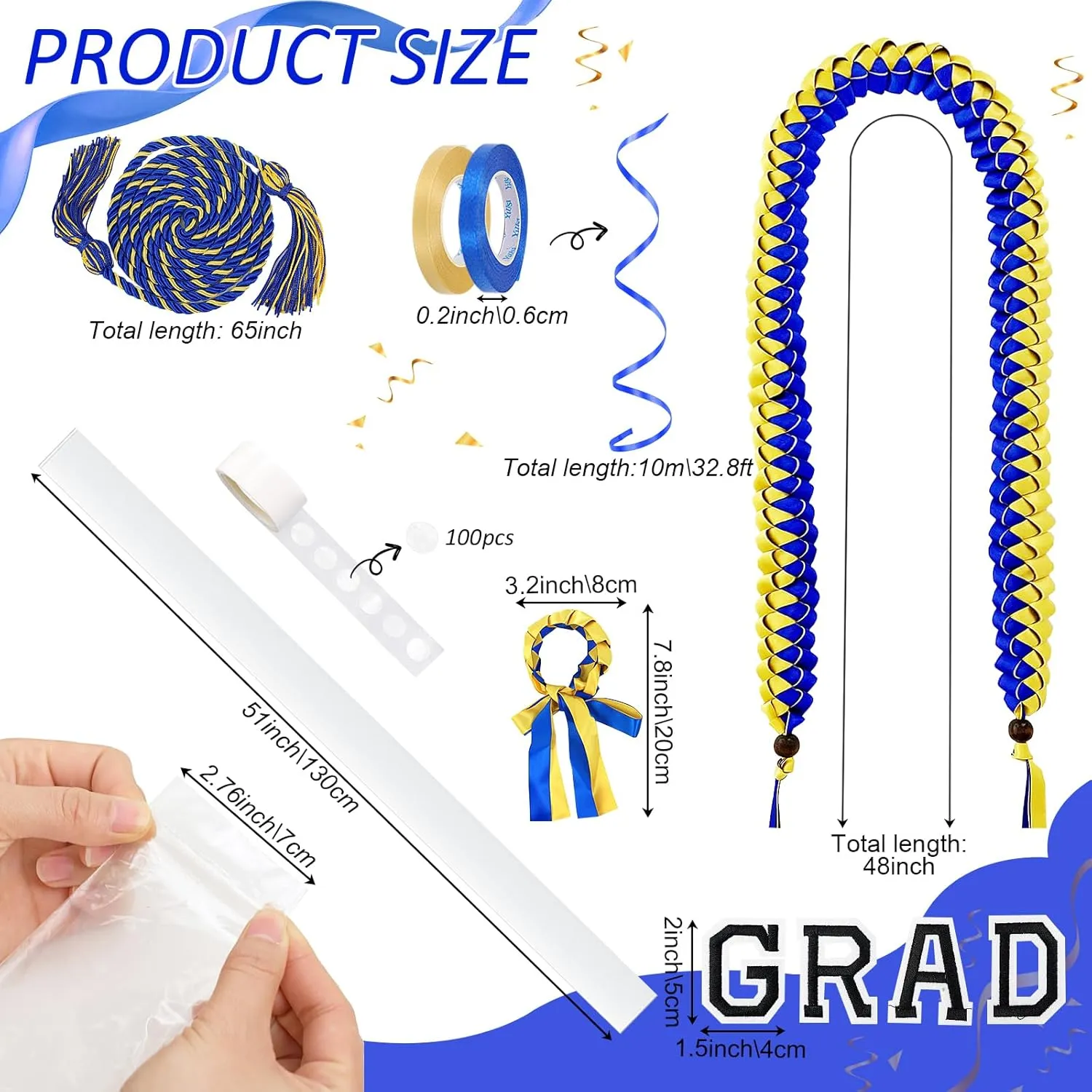 10 Pcs Graduation Ribbon Leis Grad Candy Lei Kit with Honor Cord Class of 2025 Graduation Gift PE Bag Ribbon Congrats Grad Candy Necklace for Grad Party Craft Supplies(Blue&Gold)