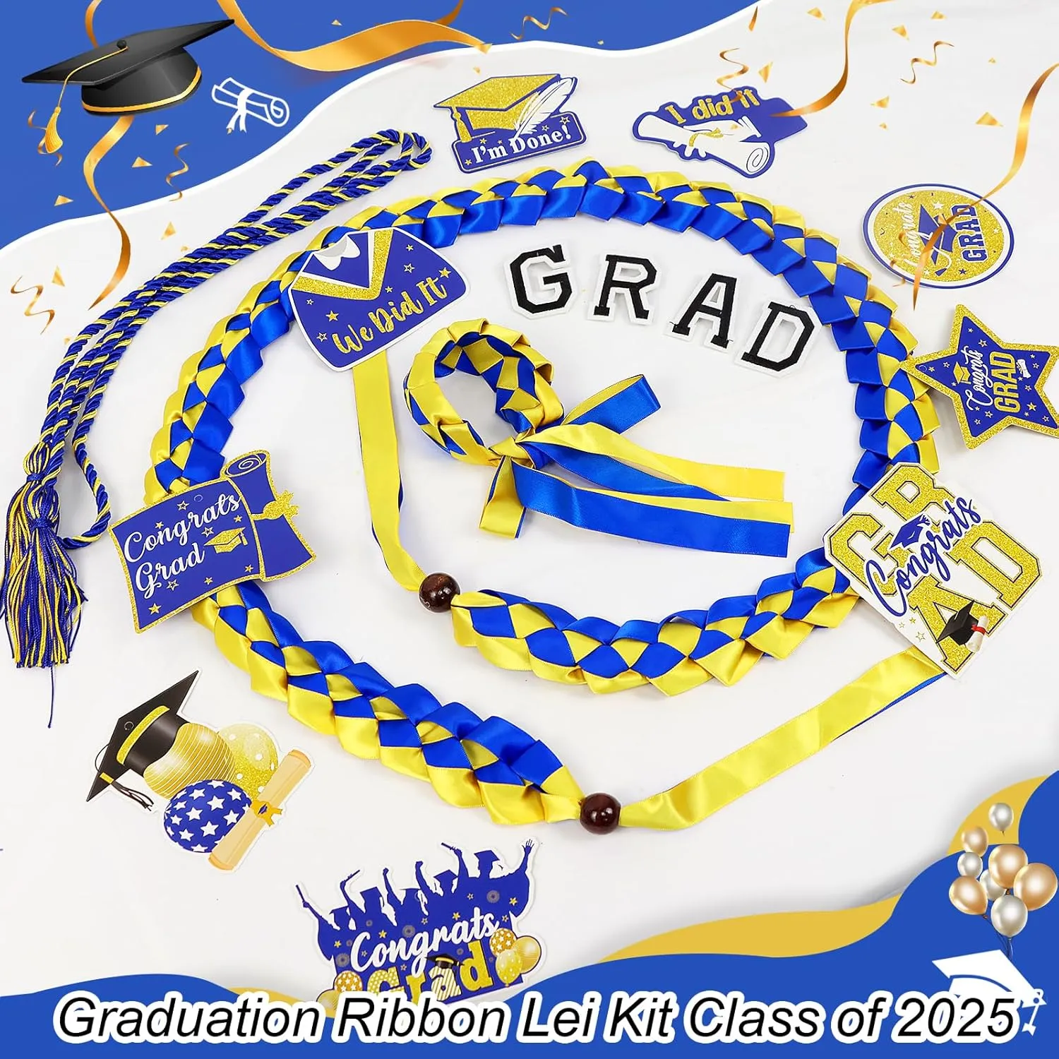 10 Pcs Graduation Ribbon Leis Grad Candy Lei Kit with Honor Cord Class of 2025 Graduation Gift PE Bag Ribbon Congrats Grad Candy Necklace for Grad Party Craft Supplies(Blue&Gold)
