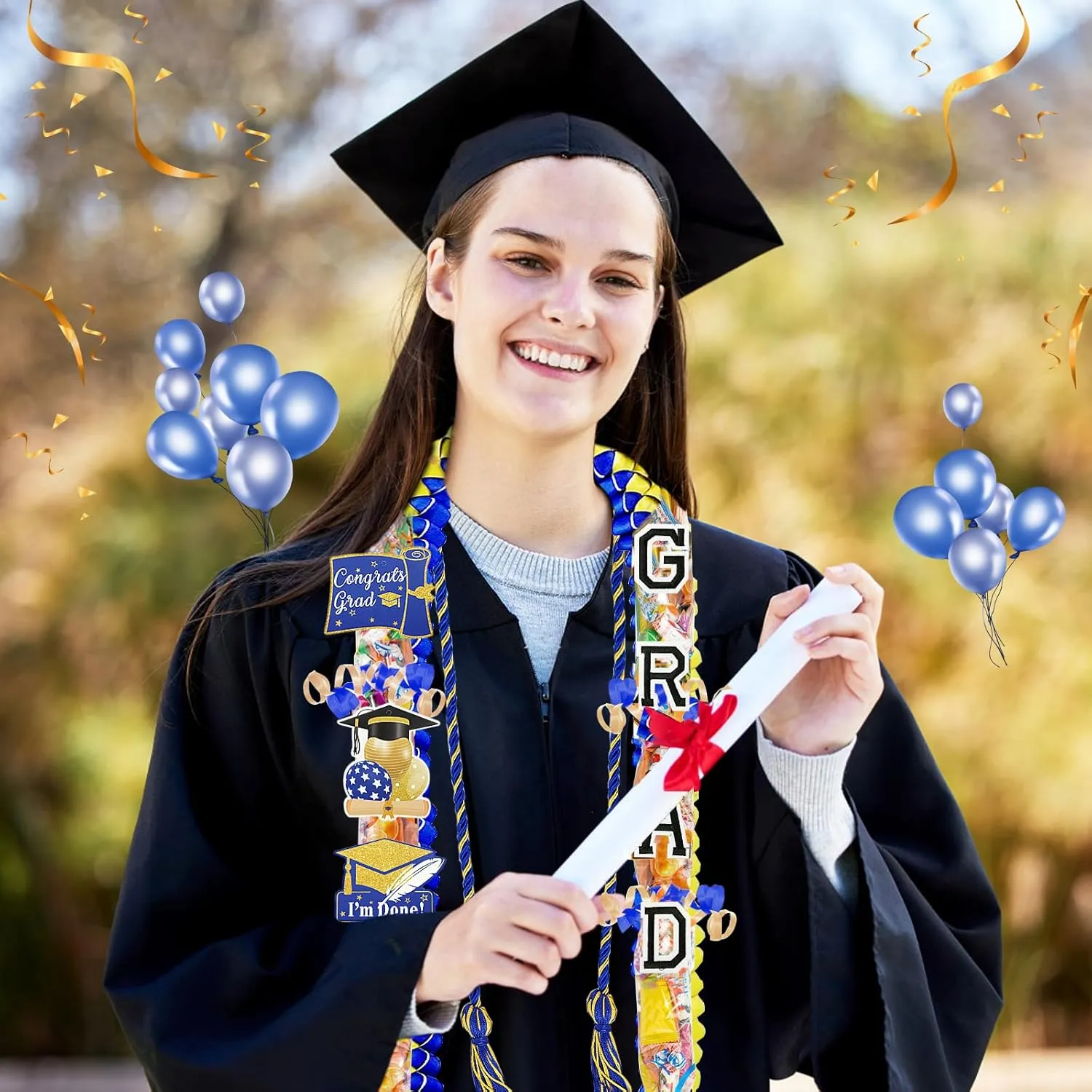 10 Pcs Graduation Ribbon Leis Grad Candy Lei Kit with Honor Cord Class of 2025 Graduation Gift PE Bag Ribbon Congrats Grad Candy Necklace for Grad Party Craft Supplies(Blue&Gold)