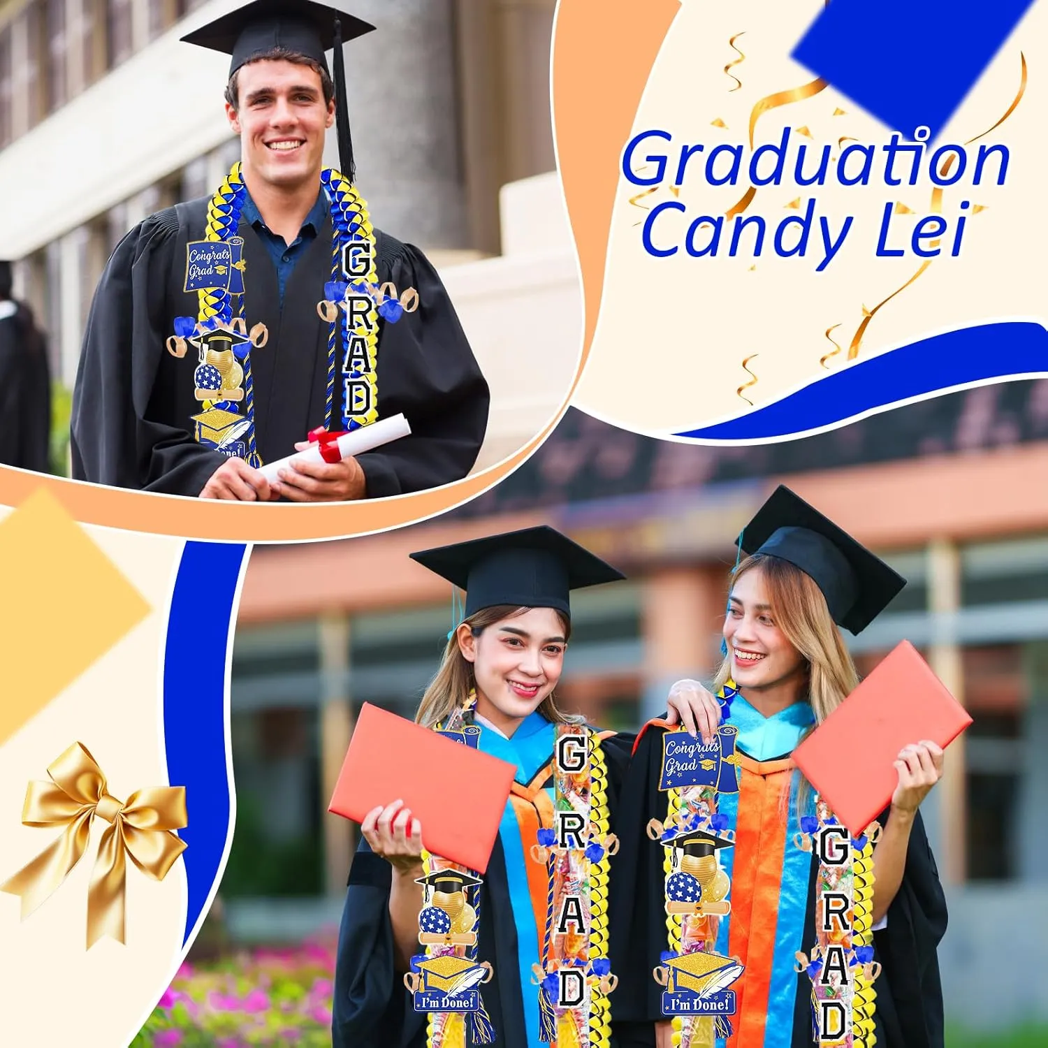 10 Pcs Graduation Ribbon Leis Grad Candy Lei Kit with Honor Cord Class of 2025 Graduation Gift PE Bag Ribbon Congrats Grad Candy Necklace for Grad Party Craft Supplies(Blue&Gold)