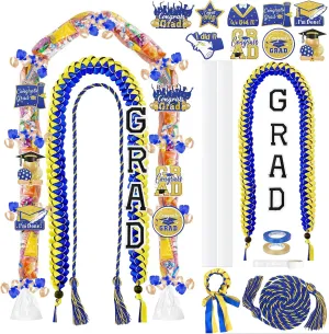 10 Pcs Graduation Ribbon Leis Grad Candy Lei Kit with Honor Cord Class of 2025 Graduation Gift PE Bag Ribbon Congrats Grad Candy Necklace for Grad Party Craft Supplies(Blue&Gold)