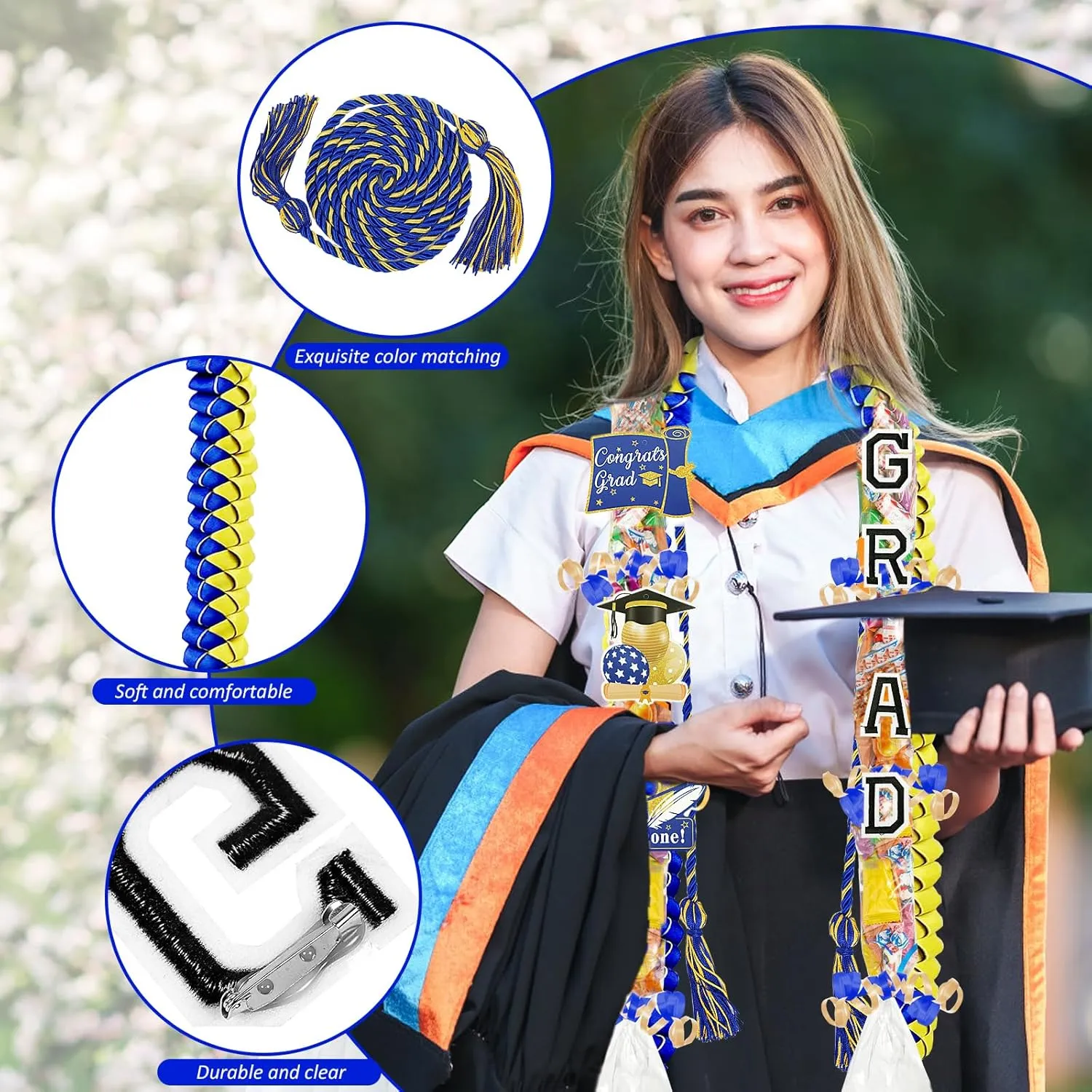 10 Pcs Graduation Ribbon Leis Grad Candy Lei Kit with Honor Cord Class of 2025 Graduation Gift PE Bag Ribbon Congrats Grad Candy Necklace for Grad Party Craft Supplies(Blue&Gold)