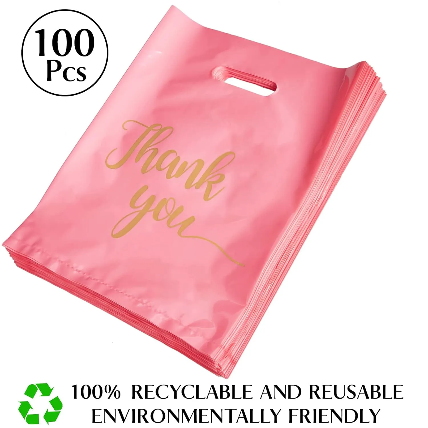100 Pack Pink Thank You Shopping Bags for Small Business - 9"x12" Extra Thick 2.36 Mil Plastic Retail Thank You Bags with Handles for Stores, Boutique, Clothes, Business Gift