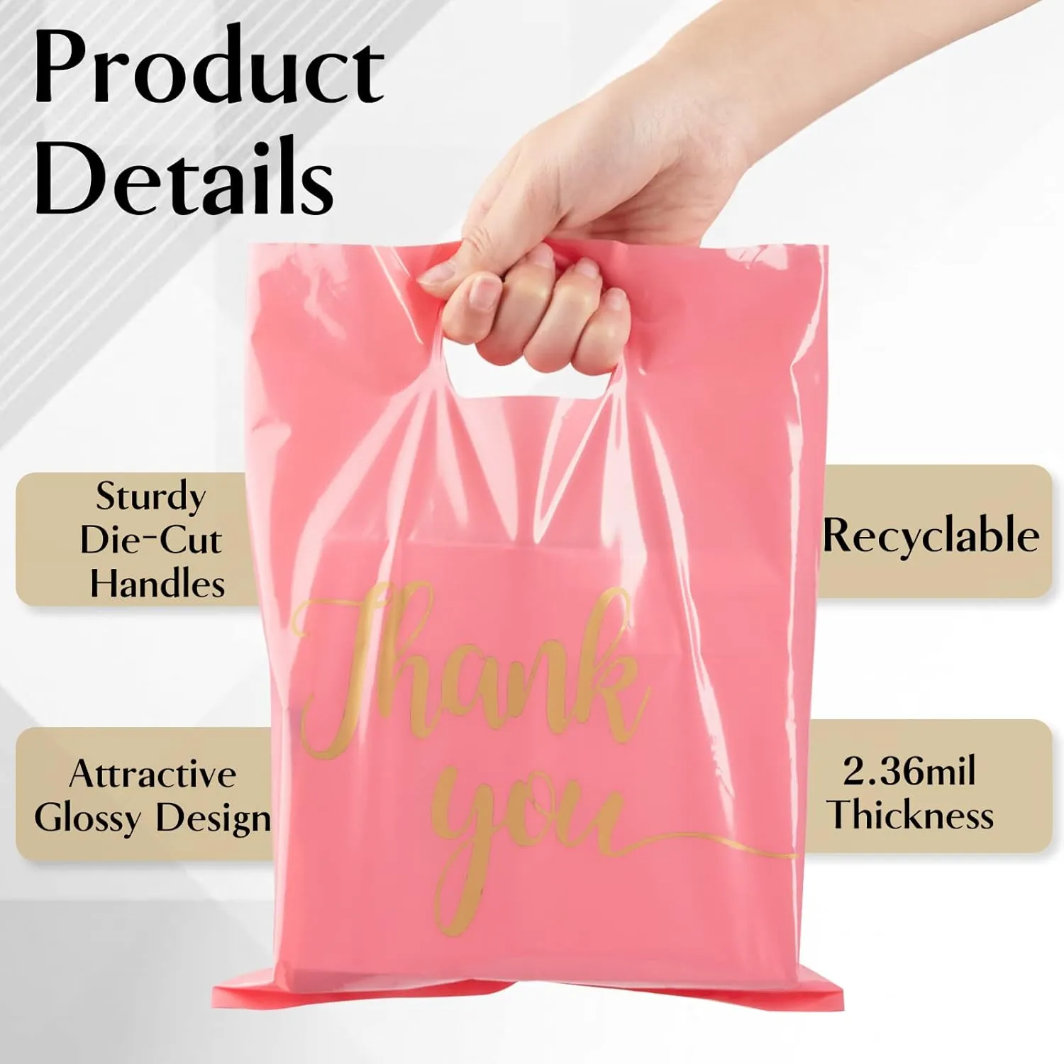 100 Pack Pink Thank You Shopping Bags for Small Business - 9"x12" Extra Thick 2.36 Mil Plastic Retail Thank You Bags with Handles for Stores, Boutique, Clothes, Business Gift
