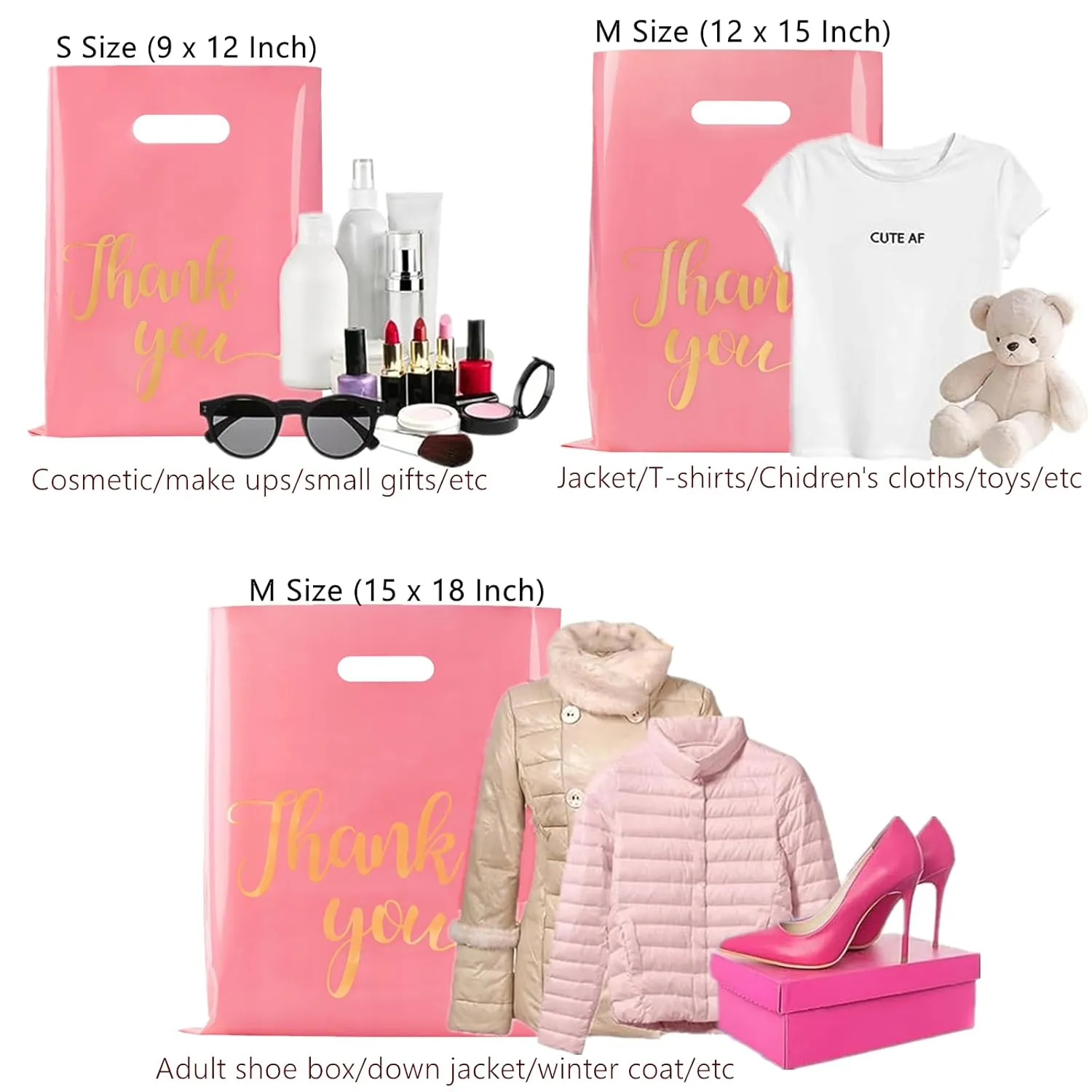 100 Pack Pink Thank You Shopping Bags for Small Business - 9"x12" Extra Thick 2.36 Mil Plastic Retail Thank You Bags with Handles for Stores, Boutique, Clothes, Business Gift