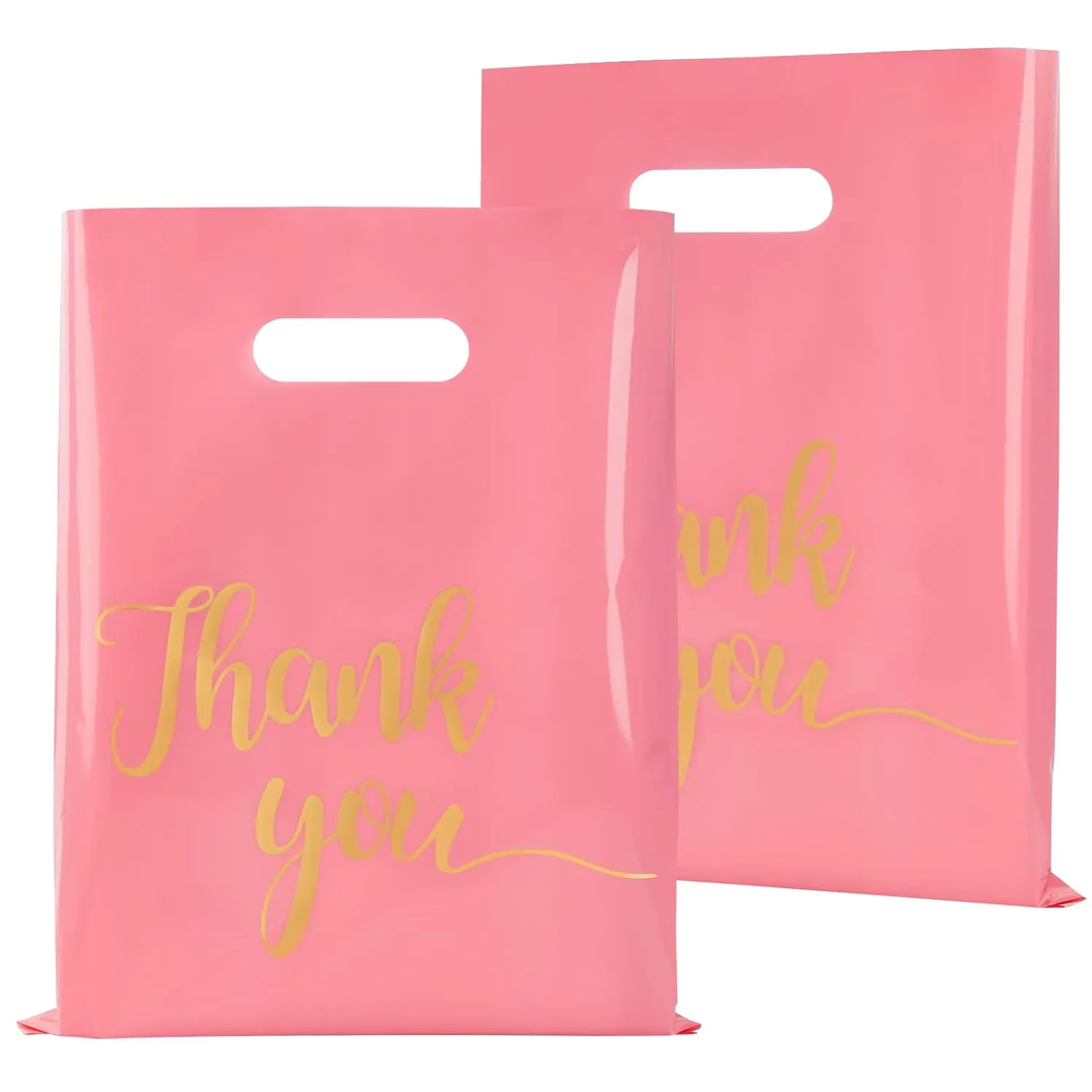 100 Pack Pink Thank You Shopping Bags for Small Business - 9"x12" Extra Thick 2.36 Mil Plastic Retail Thank You Bags with Handles for Stores, Boutique, Clothes, Business Gift