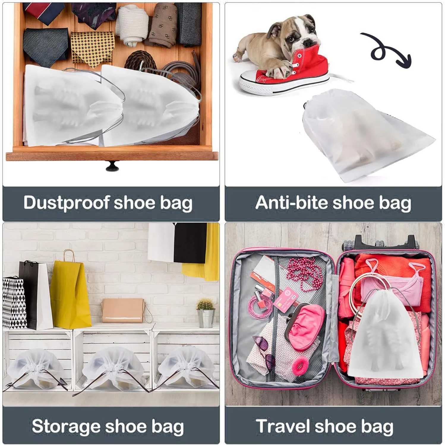12PCS Translucent Travel Shoe Bags with Drawstring - Clear Dust-proof Storage Organizer Pouch Multi-functional Bag (Small - 16" x 12")