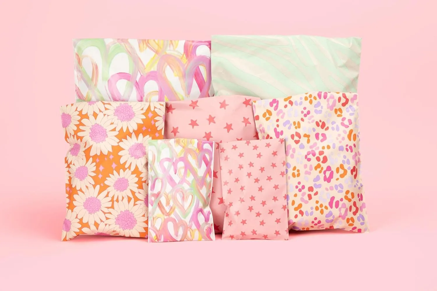 14.5x19 Designer Poly Mailer 100 Pack Heavy Duty Waterproof Self Seal Shipping Bags for Small Business Large Mailing Envelopes Bulk Tear Resistant Cute Packaging Happy Hearts