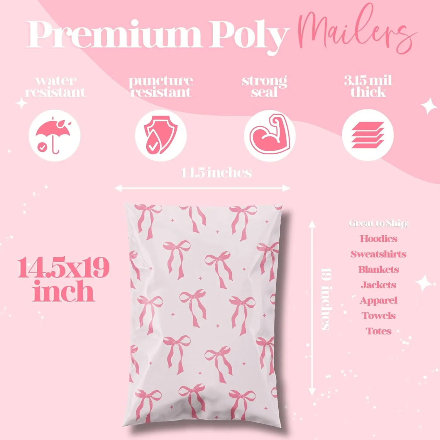 14.5x19 Designer Poly Mailer 100 Pack Heavy Duty Waterproof Self Seal Shipping Bags for Small Business Large Mailing Envelopes Bulk Tear Resistant Packaging Pink Bows Coquette