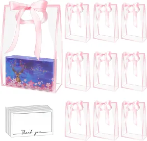 15Pack Clear Plastic Gift Bags with Handle,Reusable PP Gift Wrap Tote Bags with Ribbon for Wedding Bridal Birthday Party Baby Shower Goodies Graduation Shopping Business, 7x10x3.15 Inch (Pink)