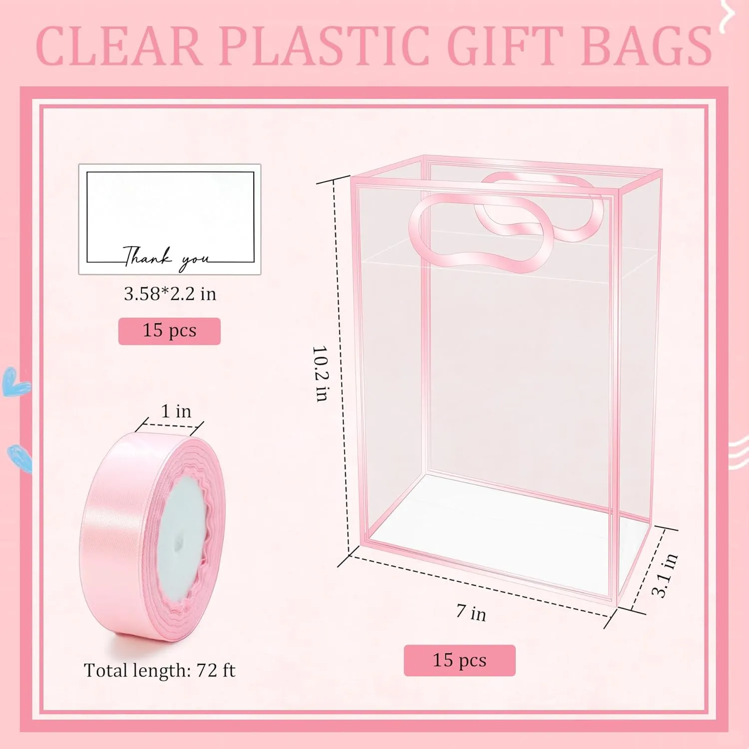 15Pack Clear Plastic Gift Bags with Handle,Reusable PP Gift Wrap Tote Bags with Ribbon for Wedding Bridal Birthday Party Baby Shower Goodies Graduation Shopping Business, 7x10x3.15 Inch (Pink)