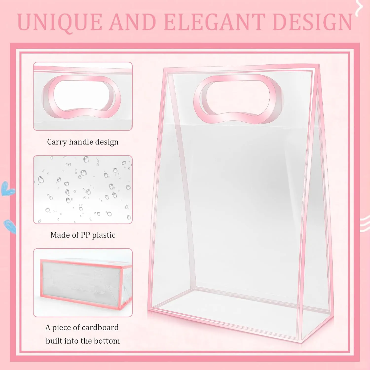 15Pack Clear Plastic Gift Bags with Handle,Reusable PP Gift Wrap Tote Bags with Ribbon for Wedding Bridal Birthday Party Baby Shower Goodies Graduation Shopping Business, 7x10x3.15 Inch (Pink)