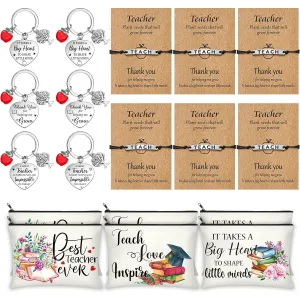 18 Pcs Teacher Appreciation Gifts Set Makeup Pouch Bag Makeup Cosmetic Bags Pencil Bag Teacher Blessing Bracelets Teacher Keychain for Teacher Women Festival Graduation Gifts (Heart Keychain)