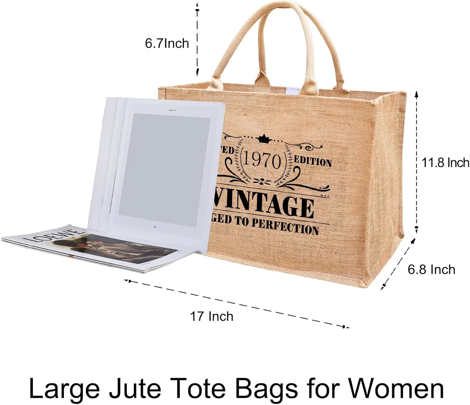 1966 1967 1968 1969 1970 1971 1972 1973 1974 1975 Burlap Jute Tote Bags for Women, 17" x 6.8" x 11.8"