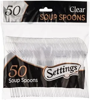 [200 Count] Settings Plastic Clear Soup Spoons, Heavyweight Disposable Cutlery, Great For Home, Office, School, Party, Picnics, Restaurant, Take-out Fast Food, Outdoor Events, Or Every Day Use, 4 Bags