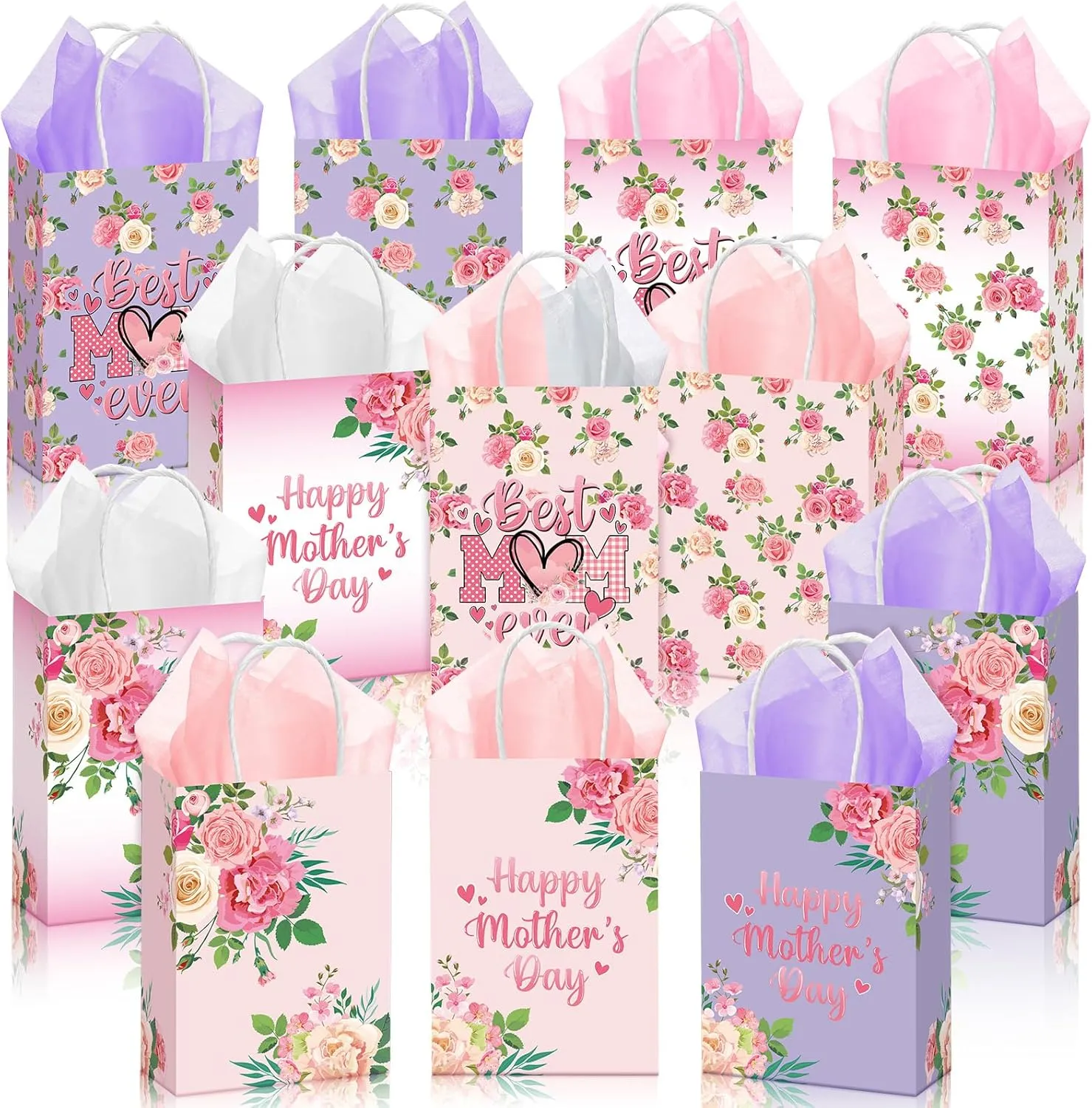 24 Pcs Mother's Day Party Favor Bags Pink Flower Gift Bag Happy Mother's Day Goodie Bags Best Mom Ever Paper Bag with Handle for Gift Exchange Party Decor (Elegant)