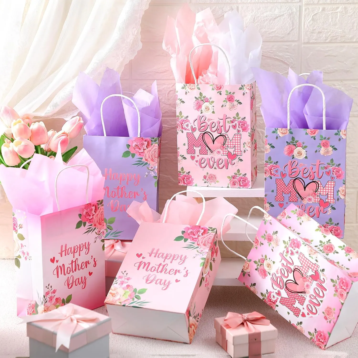 24 Pcs Mother's Day Party Favor Bags Pink Flower Gift Bag Happy Mother's Day Goodie Bags Best Mom Ever Paper Bag with Handle for Gift Exchange Party Decor (Elegant)