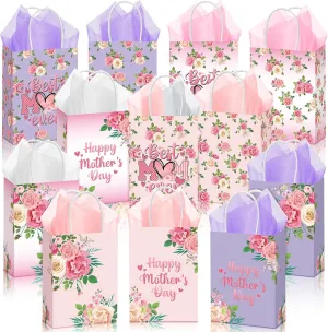 24 Pcs Mother's Day Party Favor Bags Pink Flower Gift Bag Happy Mother's Day Goodie Bags Best Mom Ever Paper Bag with Handle for Gift Exchange Party Decor (Elegant)