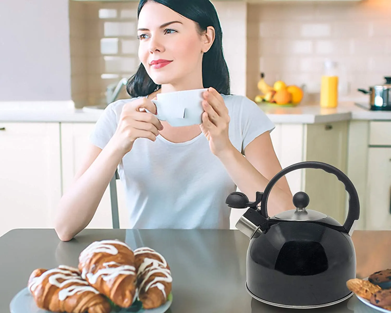 2.5 Liter Whistling Tea Kettle - Modern Stainless Steel Whistling Tea Pot for Stovetop Hot Water Boiler with Cool Grip Ergonomic Handle (Black, 2.5 Liter)
