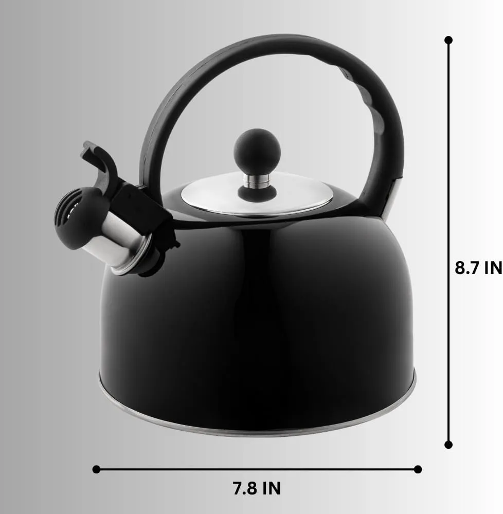 2.5 Liter Whistling Tea Kettle - Modern Stainless Steel Whistling Tea Pot for Stovetop Hot Water Boiler with Cool Grip Ergonomic Handle (Black, 2.5 Liter)