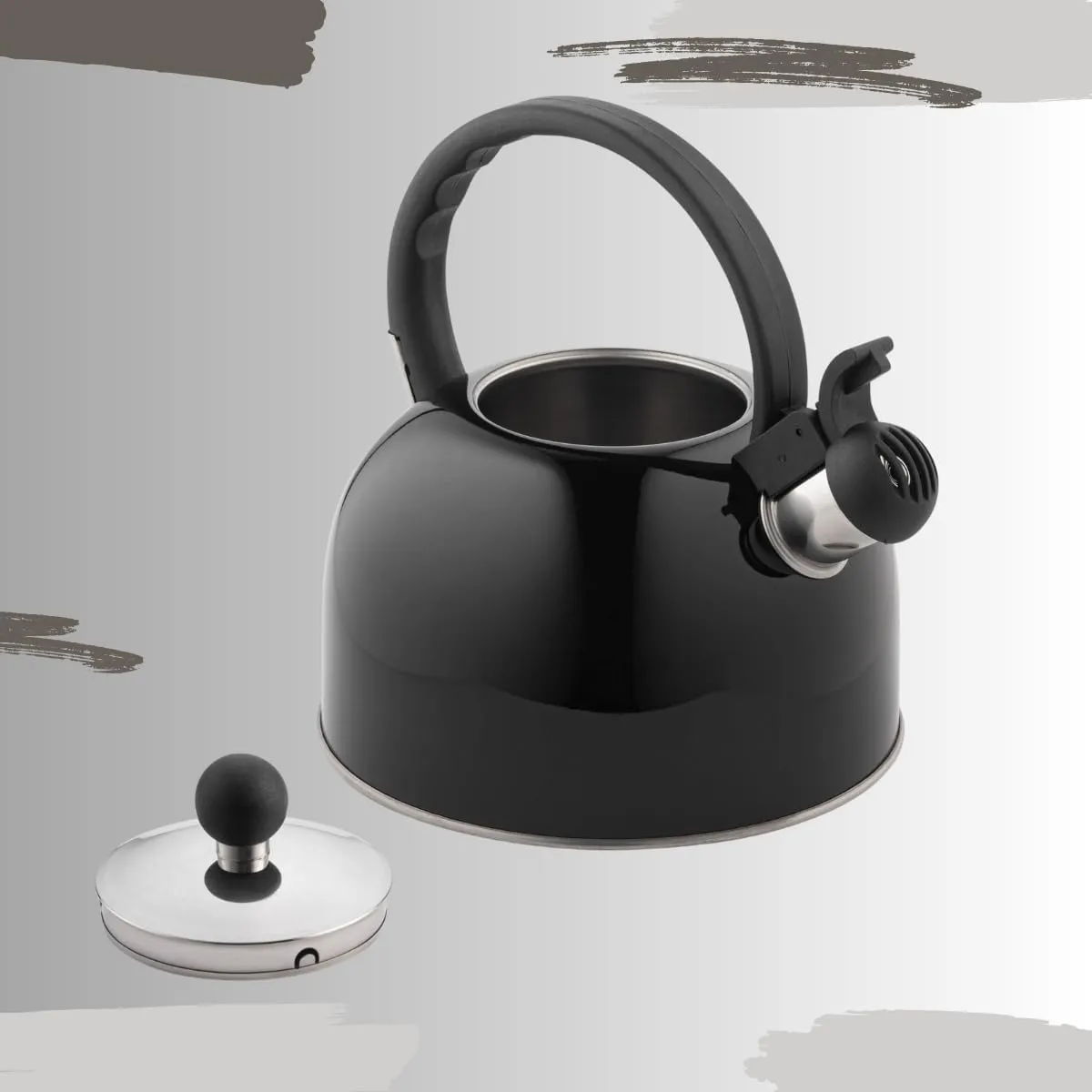 2.5 Liter Whistling Tea Kettle - Modern Stainless Steel Whistling Tea Pot for Stovetop Hot Water Boiler with Cool Grip Ergonomic Handle (Black, 2.5 Liter)