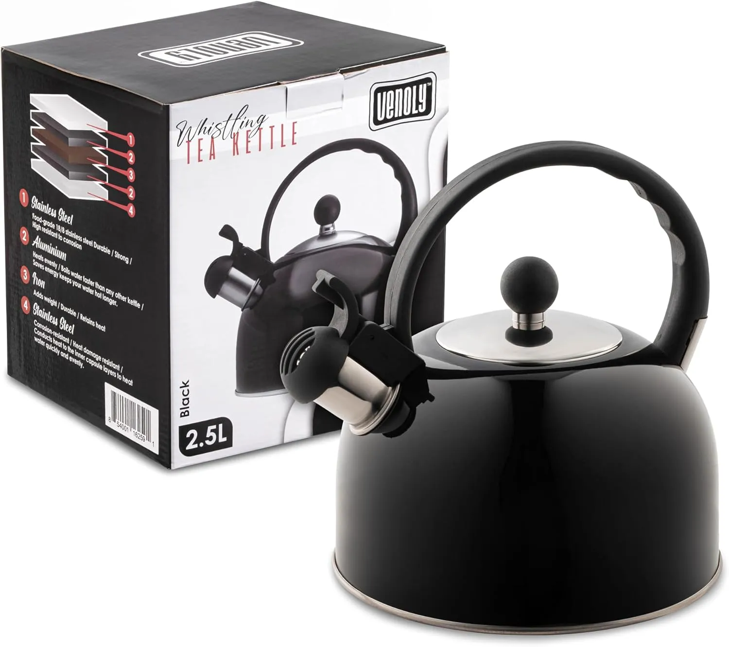 2.5 Liter Whistling Tea Kettle - Modern Stainless Steel Whistling Tea Pot for Stovetop Hot Water Boiler with Cool Grip Ergonomic Handle (Black, 2.5 Liter)