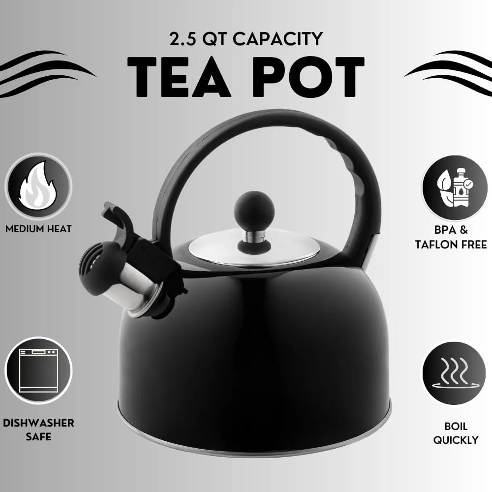 2.5 Liter Whistling Tea Kettle - Modern Stainless Steel Whistling Tea Pot for Stovetop Hot Water Boiler with Cool Grip Ergonomic Handle (Black, 2.5 Liter)
