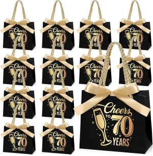 25 Pcs 70th Birthday Gift Bags with Handles Black and Gold Party Favor Bags Bulk for Birthday Wedding Anniversary Supplies Decorations Cheers to 70 Years, 5.51 x 2.36 x 4.72 Inches