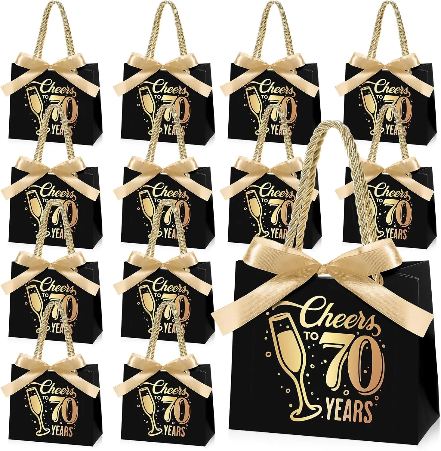 25 Pcs 70th Birthday Gift Bags with Handles Black and Gold Party Favor Bags Bulk for Birthday Wedding Anniversary Supplies Decorations Cheers to 70 Years, 5.51 x 2.36 x 4.72 Inches
