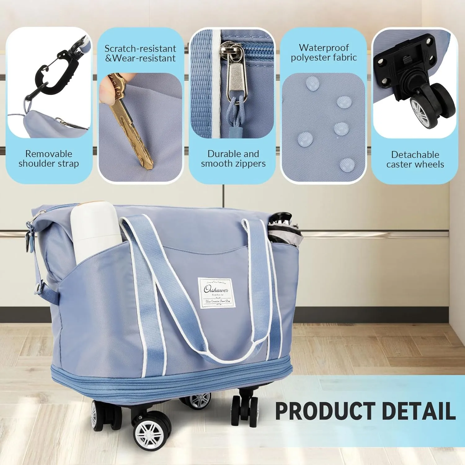 25L-55L Expandable Foldable Duffle Bag, Rolling Duffle Bag with Detachable Wheels and Adjustable Shoulder Strap