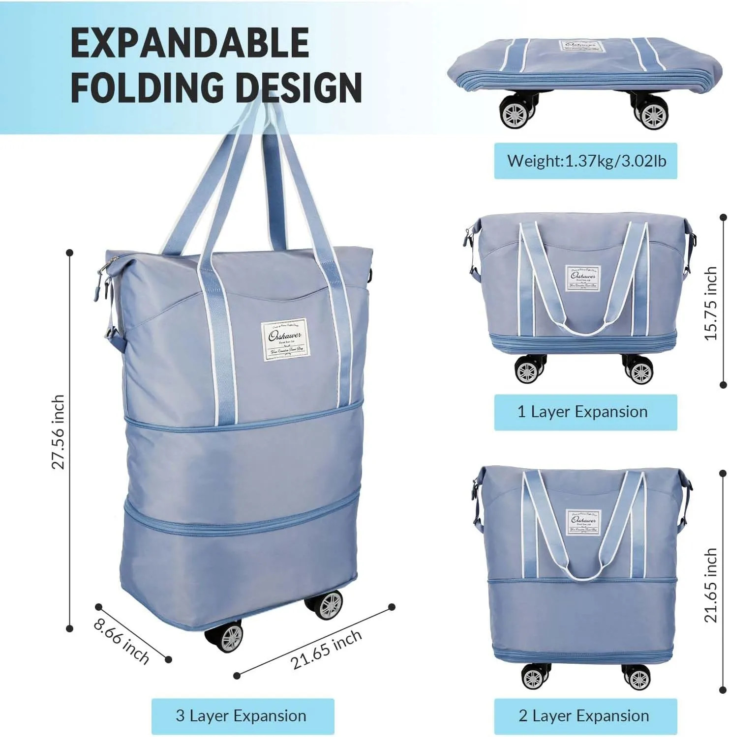 25L-55L Expandable Foldable Duffle Bag, Rolling Duffle Bag with Detachable Wheels and Adjustable Shoulder Strap