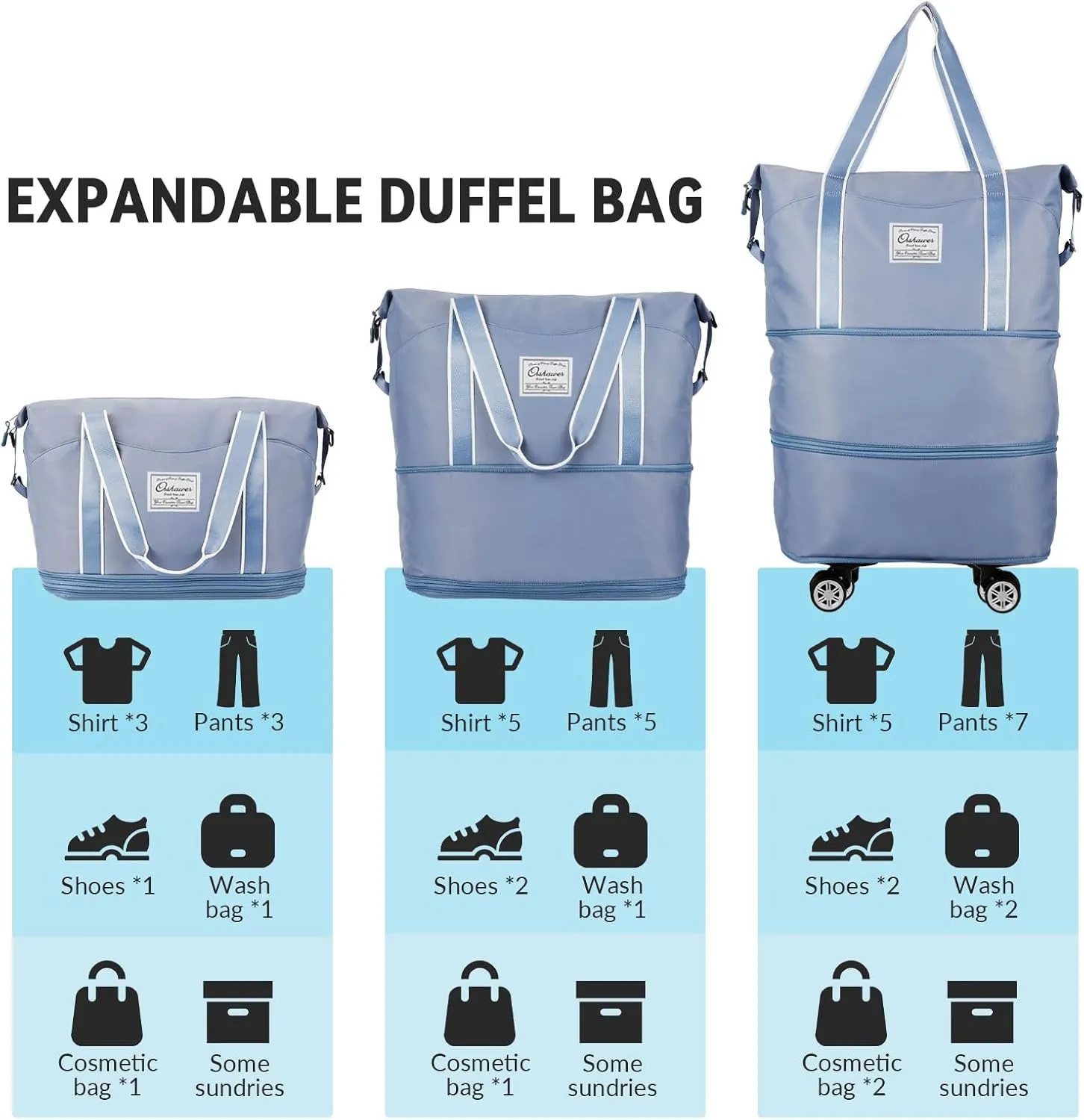 25L-55L Expandable Foldable Duffle Bag, Rolling Duffle Bag with Detachable Wheels and Adjustable Shoulder Strap