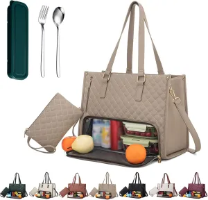 3 in 1 Lunch Tote Bag for Women,Laptop Bag with Insulated Lunch Compartment,Purse and Tableware Set,Quilted Large Capacity Leakproof Cooler Handbag with Storage Pocket for Work,Travel(Khaki 1)