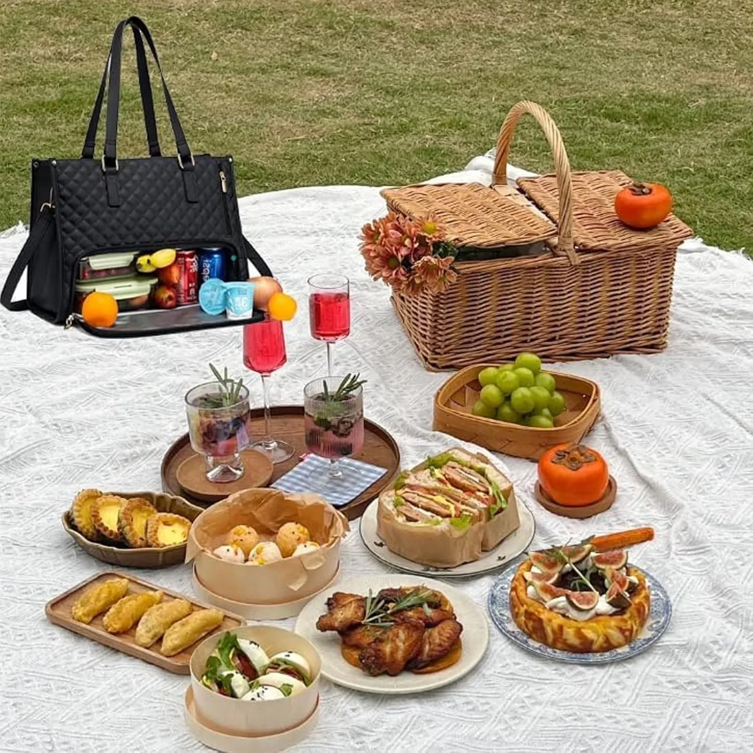 3 in 1 Lunch Tote Bag for Women,Laptop Bag with Insulated Lunch Compartment,Purse and Tableware Set,Quilted Large Capacity Leakproof Cooler Handbag with Storage Pocket for Work,Travel(Khaki 1)