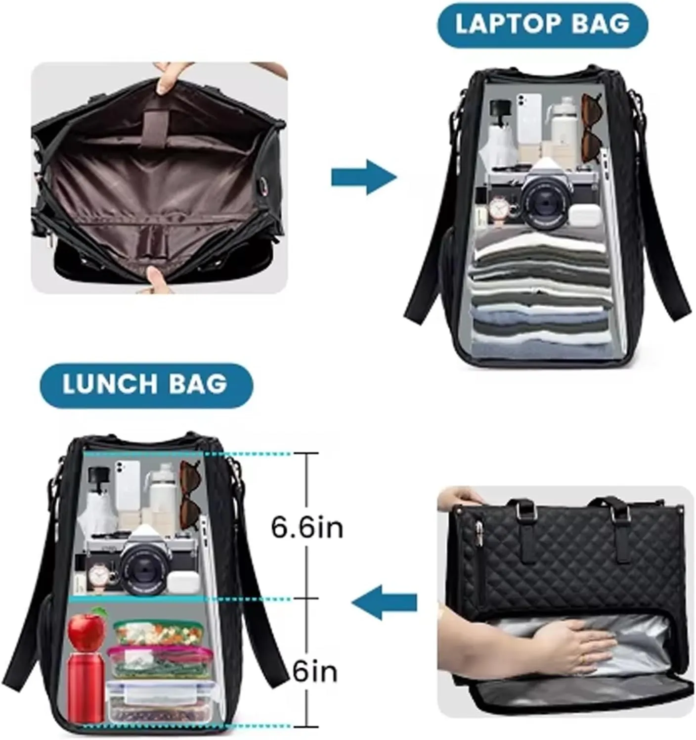 3 in 1 Lunch Tote Bag for Women,Laptop Bag with Insulated Lunch Compartment,Purse and Tableware Set,Quilted Large Capacity Leakproof Cooler Handbag with Storage Pocket for Work,Travel(Khaki 1)