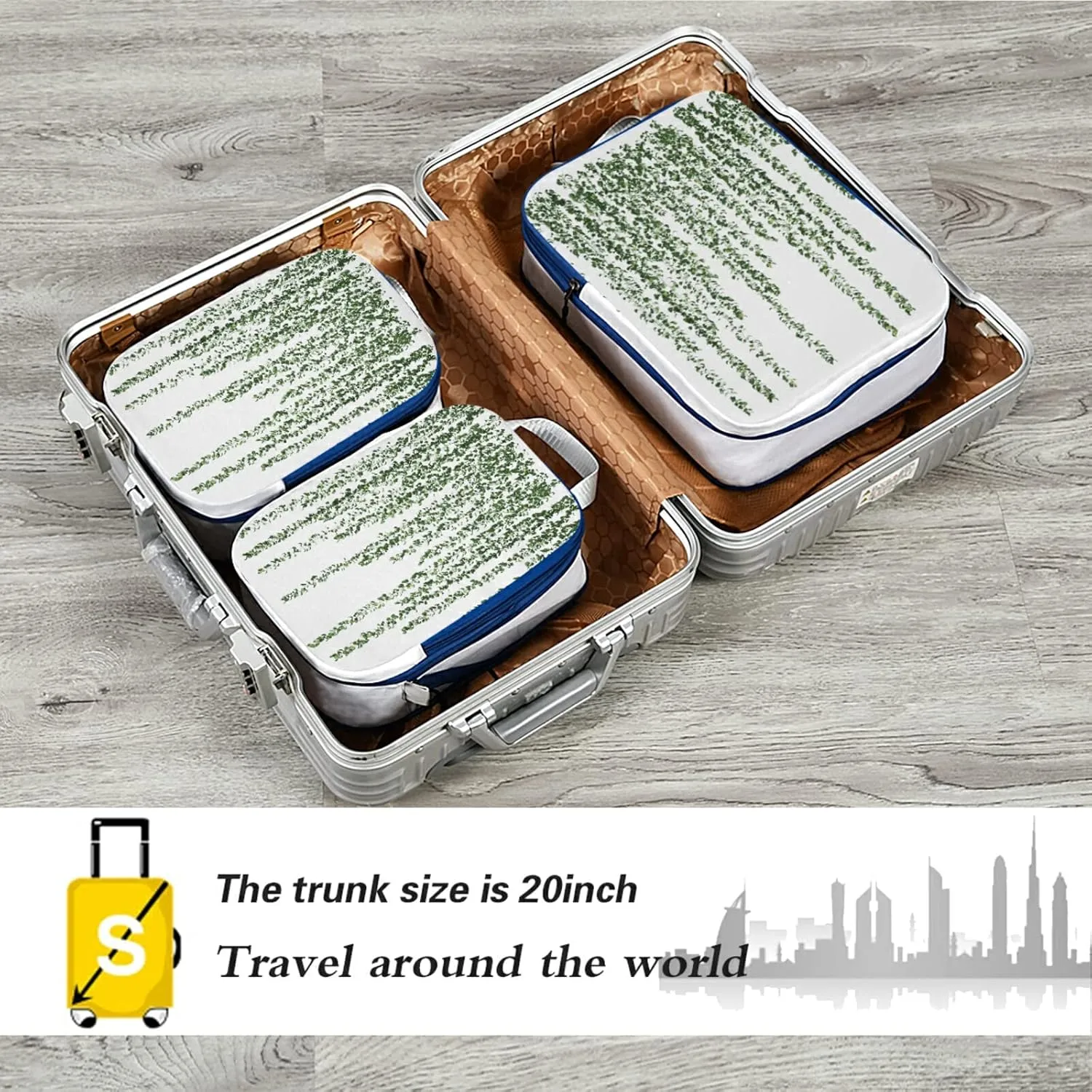3d Rendering of Green Dichasia Seamless Hanging Plants on White 3 Piece set Cubes Expandable Adjustable Luggage Packing Bags, Ultralight Organizer Accessories Travel Suitcase Compressible Bags