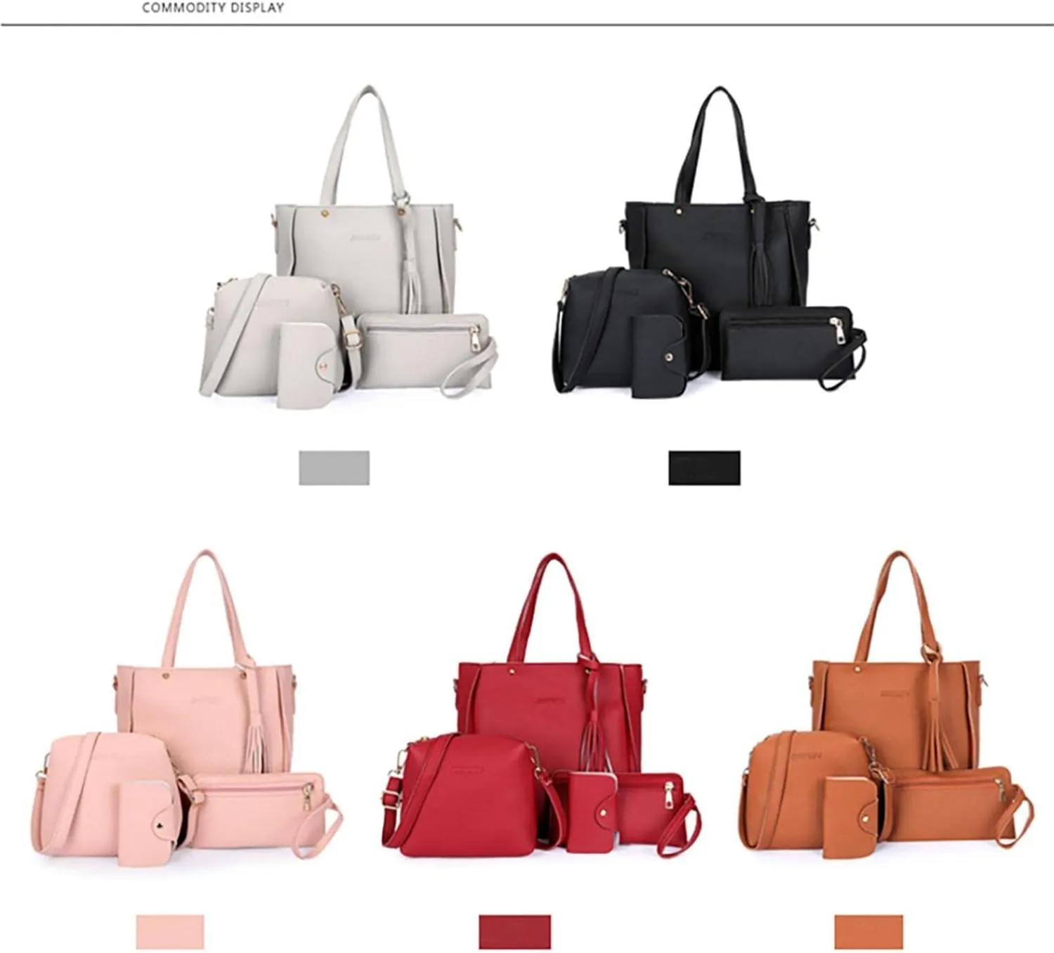 4 Pcs Bags Set for Women, Tassel Shoulder Bags Pu Leather Tote Handbag Crossbody Bag&Wristlet Purse Top Handle Small Bags