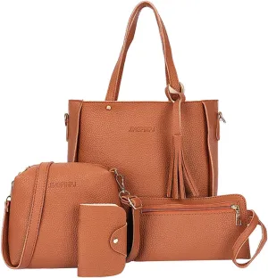 4 Pcs Bags Set for Women, Tassel Shoulder Bags Pu Leather Tote Handbag Crossbody Bag&Wristlet Purse Top Handle Small Bags