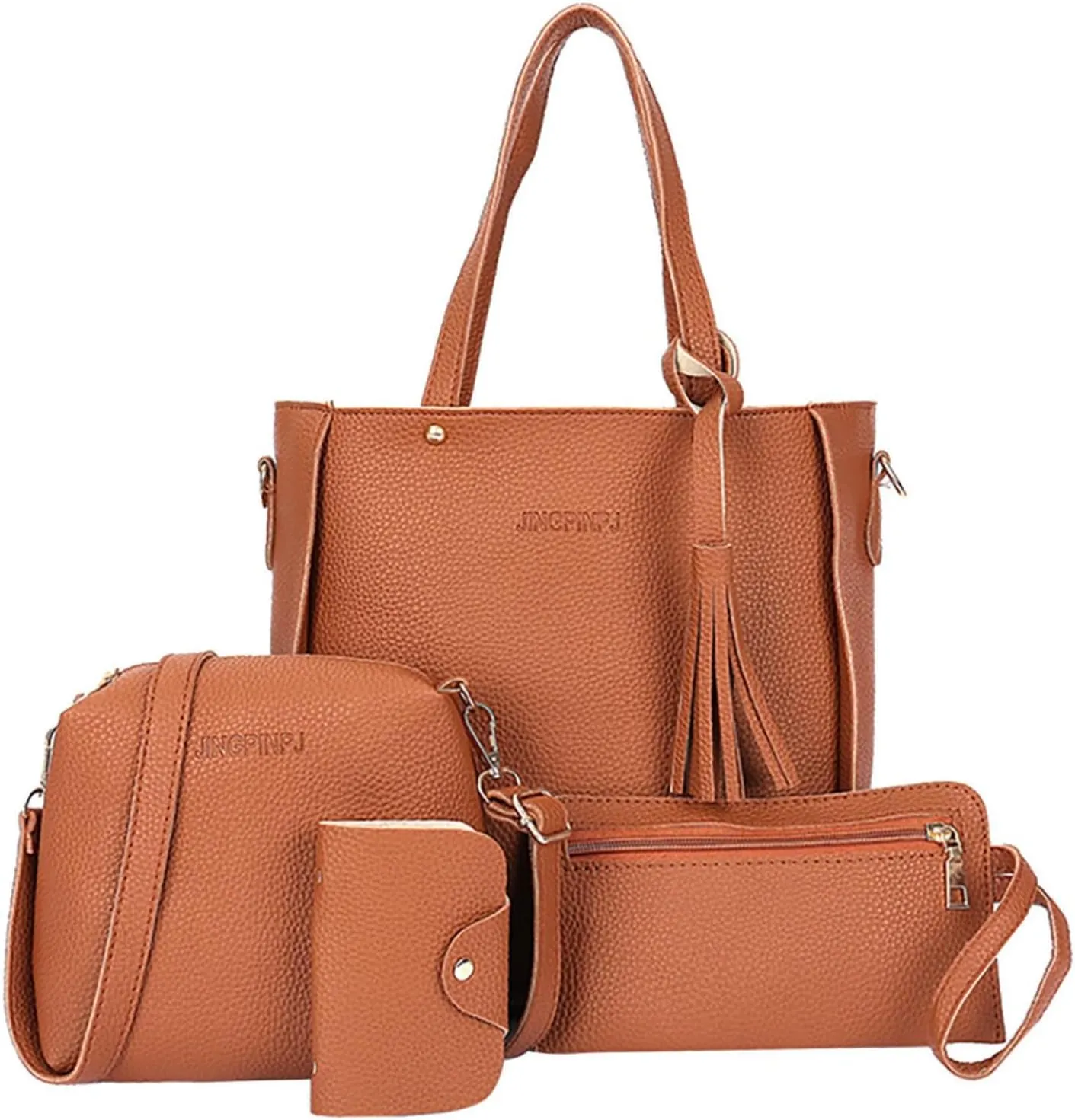 4 Pcs Bags Set for Women, Tassel Shoulder Bags Pu Leather Tote Handbag Crossbody Bag&Wristlet Purse Top Handle Small Bags