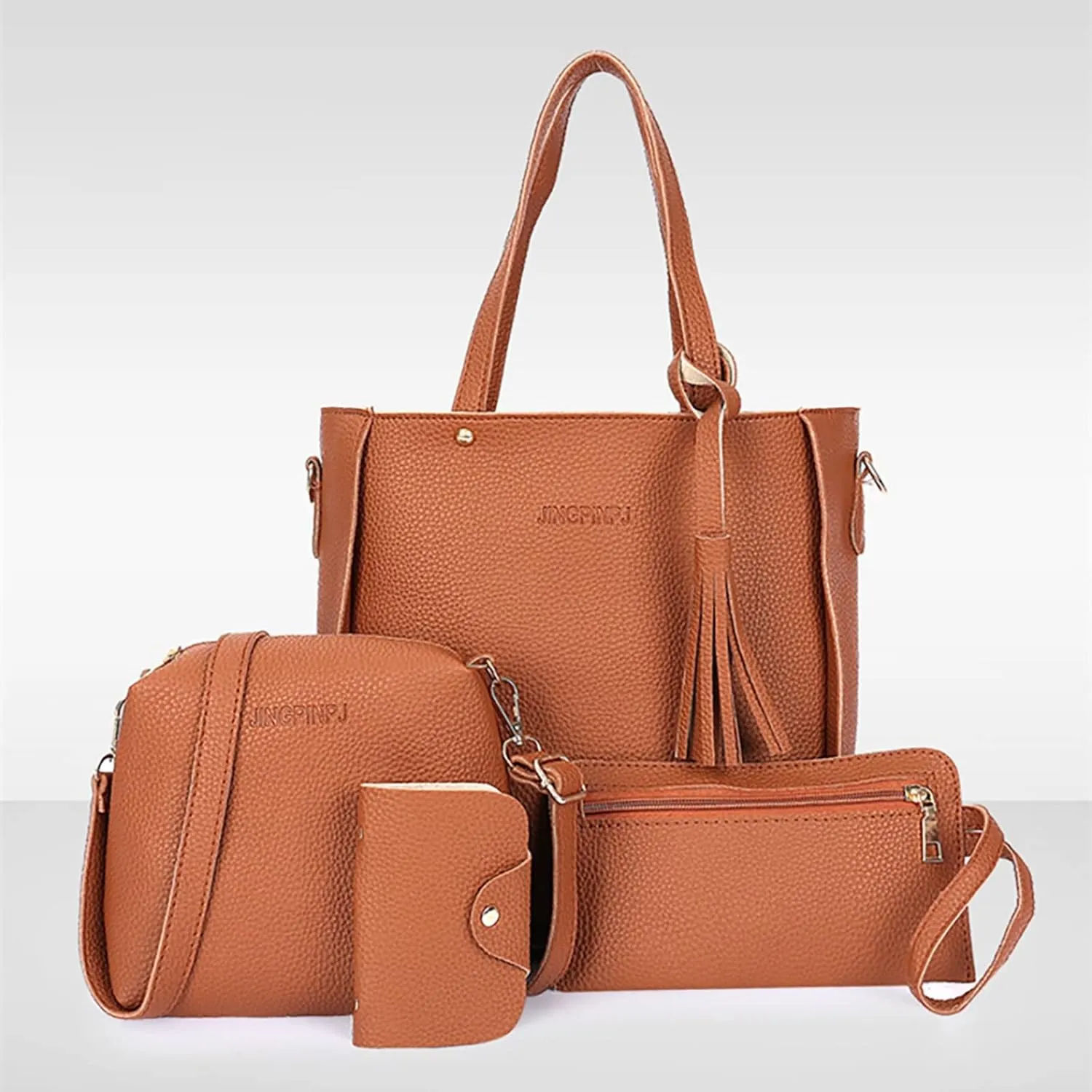 4 Pcs Bags Set for Women, Tassel Shoulder Bags Pu Leather Tote Handbag Crossbody Bag&Wristlet Purse Top Handle Small Bags