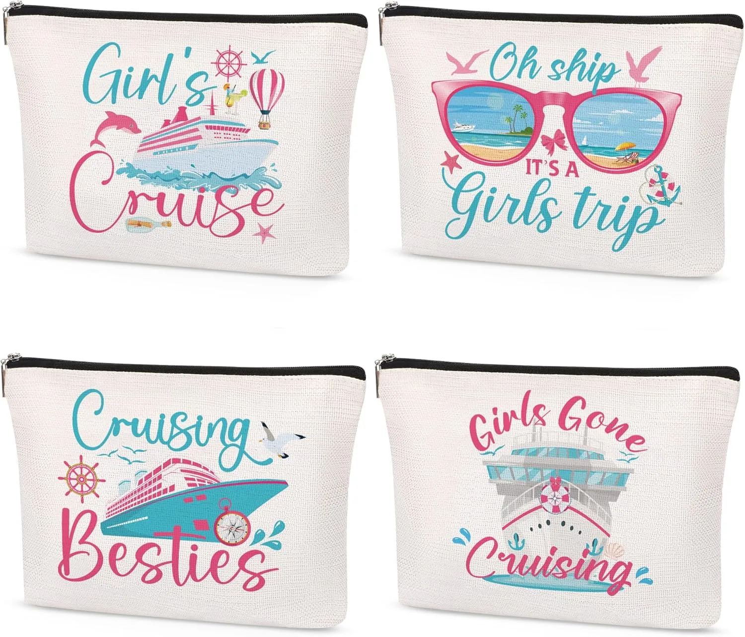 4Pcs Cruise Makeup Bags Gifts - Favors for Women Oh Ship It’s A Girls Cosmetic Bags Girl Cruise Ship Cruising Besties Travel Toiletry Bags for Girl Birthday Chrismas