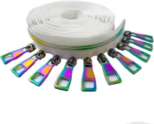 #5 Zippers Tape,Rainbow Teeth Nylon Zipper by The Yard Black Zipper Tape with 10PCS Pulls for Tailor Sewing Crafts 5 Yards(White Tape)