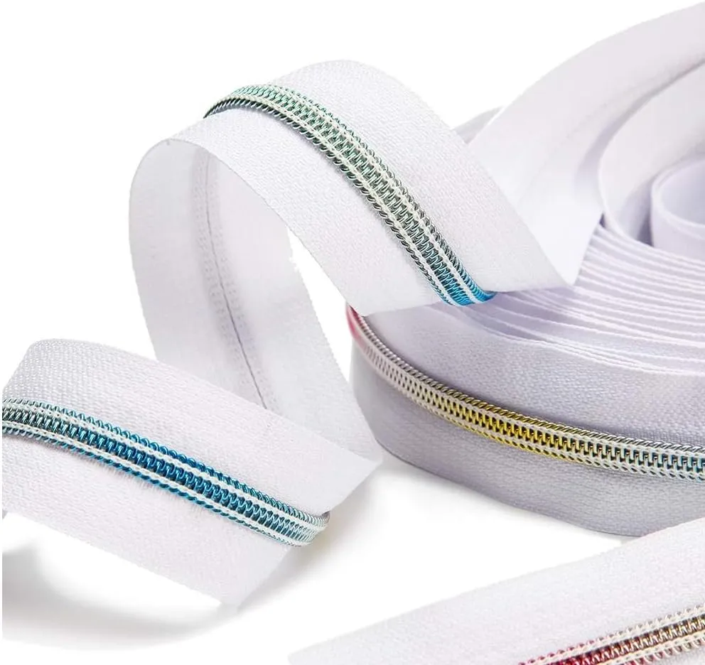 #5 Zippers Tape,Rainbow Teeth Nylon Zipper by The Yard Black Zipper Tape with 10PCS Pulls for Tailor Sewing Crafts 5 Yards(White Tape)