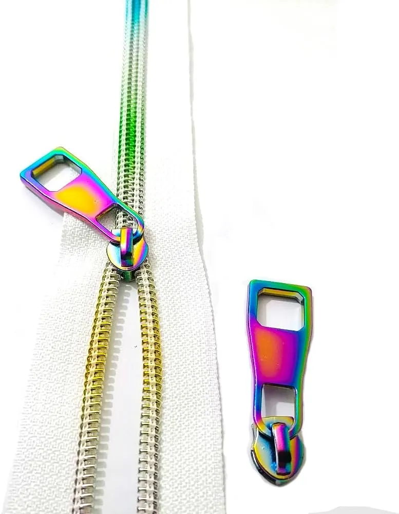 #5 Zippers Tape,Rainbow Teeth Nylon Zipper by The Yard Black Zipper Tape with 10PCS Pulls for Tailor Sewing Crafts 5 Yards(White Tape)