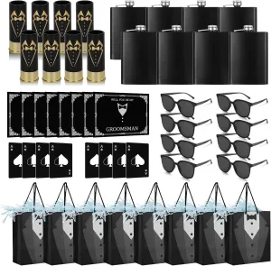 56Pcs Groomsmens Gifts Set of 8, Groomsmen Proposal Gift with Stainless Steel Flask Shot Glasses Poker Card Opener Sunglasses Thoughtful Cards Gift Bag with Crinkle Paper for Bachelor Wedding Party