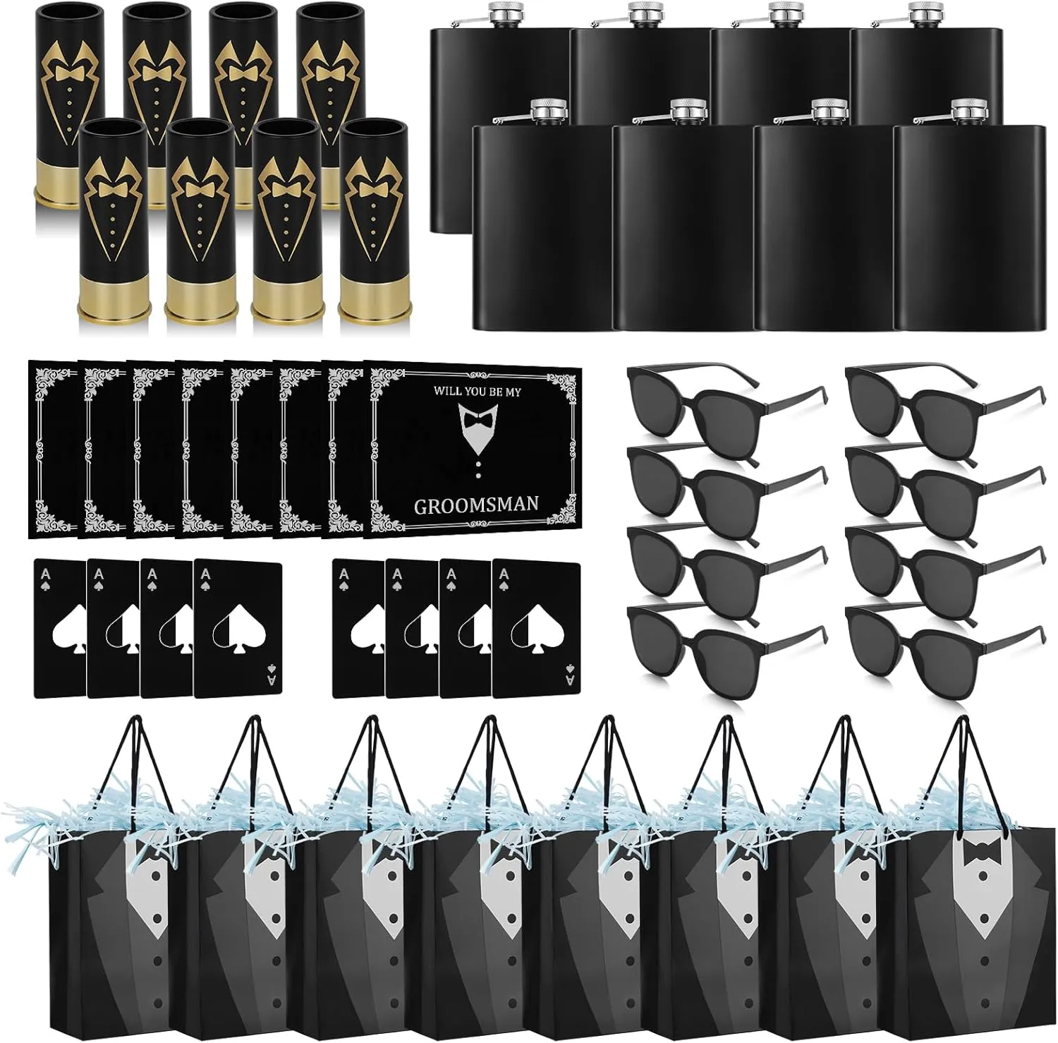56Pcs Groomsmens Gifts Set of 8, Groomsmen Proposal Gift with Stainless Steel Flask Shot Glasses Poker Card Opener Sunglasses Thoughtful Cards Gift Bag with Crinkle Paper for Bachelor Wedding Party