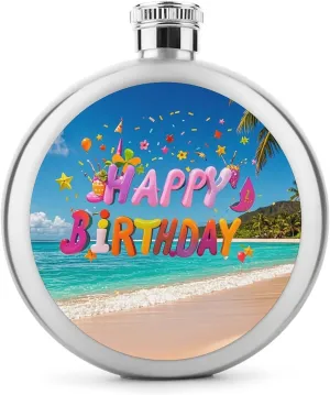 5oz Stainless Steel Flask Happy Birthday on The Beach Printed with UV Printing - Portable Liquor Flask for Whiskey, Vodka - Men & Women Gift for Travel, Father’s Day, Weddings