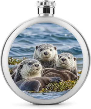 5oz Stainless Steel Flask Sea Otter Family Printed with UV Printing - Portable Liquor Flask for Whiskey, Vodka - Men & Women Gift for Travel, Father’s Day, Weddings