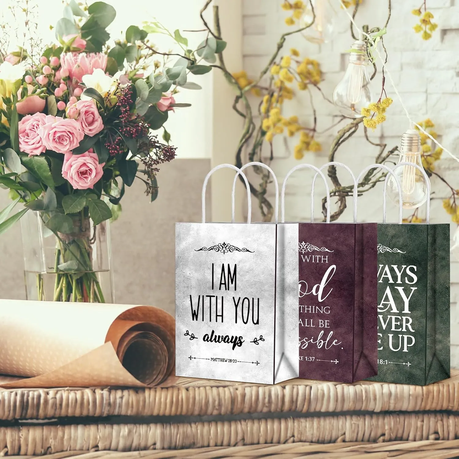 60 Pcs Christian Paper Bags Bulk Fathers Day Gift Religious Bible Verse Treat Bags with Handles Sunday School Inspirational Gifts for Women Church Welcome Visitors Baptism Party Supplies