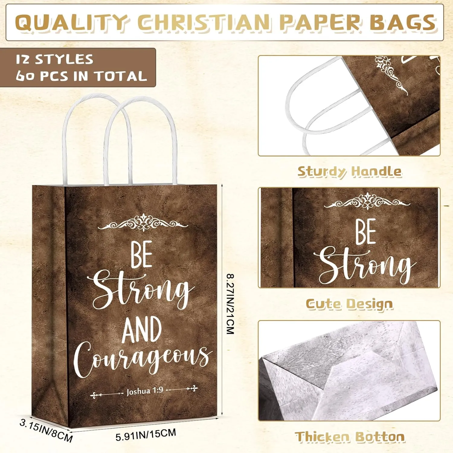 60 Pcs Christian Paper Bags Bulk Fathers Day Gift Religious Bible Verse Treat Bags with Handles Sunday School Inspirational Gifts for Women Church Welcome Visitors Baptism Party Supplies